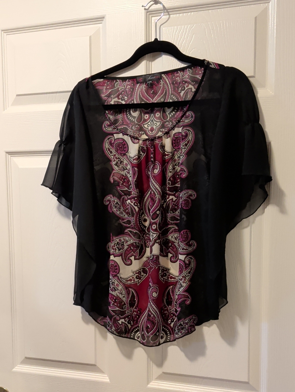 HeartSoul Black Sheer Blouse with Magenta Paisley Panel